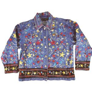 Vintage Womens Denim Jacket Embroidery Embellished Size Large JH1533